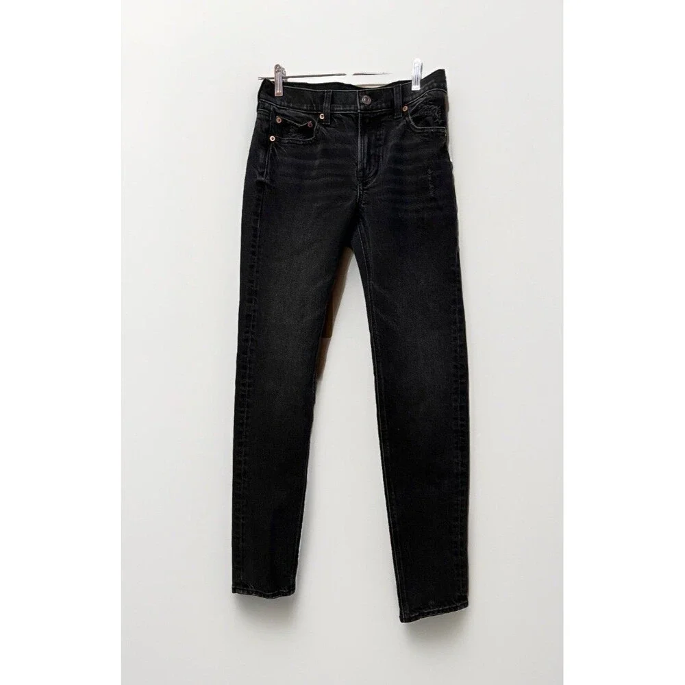 American Eagle Women's Mom Jeans Size 2 Long 90’s Skinny Light Distressing Black